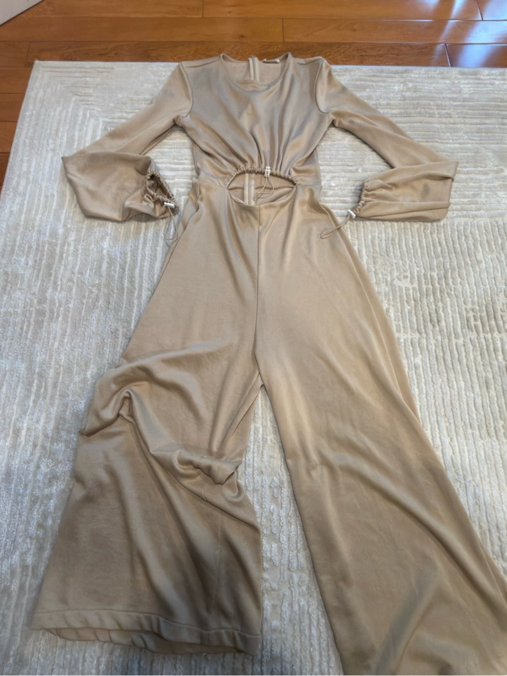 Zara Beige Long-Sleeve Wide-Leg Culotte Jumpsuit with Waist Cutout